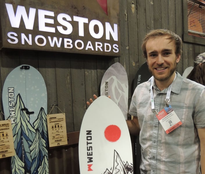 Photo of Alex Blanchard of Weston Snowboards at Weston trade show booth for Cloverly Partner Profile blog post