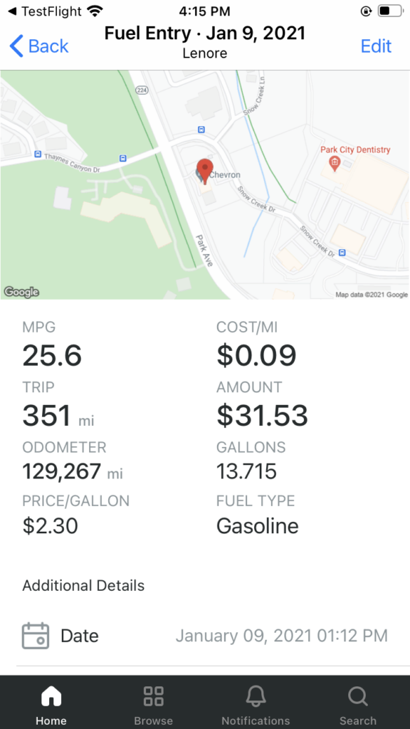 Image of a fuel stop entry in the Fleetio app by Reagan Cline and Ben Weinberg to illustrate Cloverly blog post about offsetting the carbon emissions of their transportation